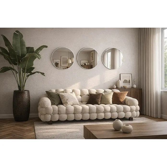 Cordia Rahmenspiegel - 40 x 40 cm, Weiß, Aluminium - Beiges modulares Sofa mit strukturierten Kissen in einem modernen Wohnzimmer.
