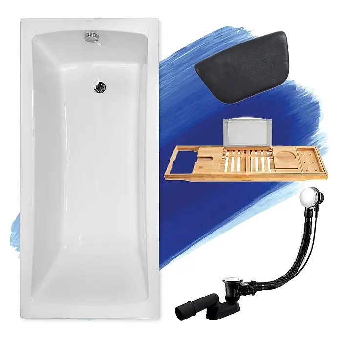 Bad Land Badewanne - 140 x 70 cm, Sanitäracryl, Weiß - Weiße rechteckige Badewanne, schwarzes Badekissen, Holzbadeablage und Chrom/Schwarz Ab- und Überlaufgarnitur.