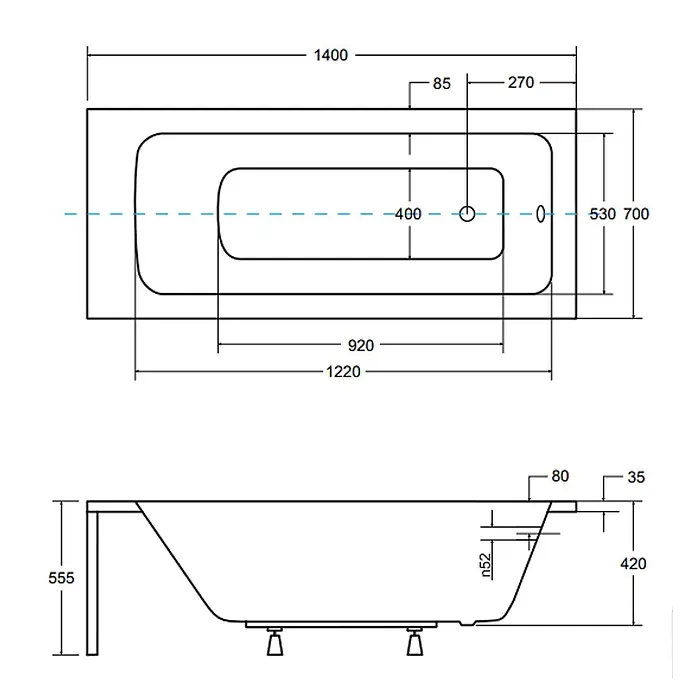 Bad Land Badewanne - 140 x 70 cm, Sanitäracryl, Weiß - Technische Zeichnung einer Badewanne mit Maßen, Draufsicht und Seitenansicht.