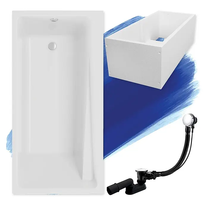 Bad Land Badewanne - 160 x 75 cm, Sanitäracryl, Weiß - Weiße rechteckige Badewanne, Schaumstoffunterbau und schwarz/chrom Ablauf- und Überlaufgarnitur.
