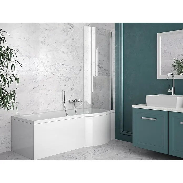 Bad Land Badewanne INSPIRO Acrylwanne 150 x 70 cm rechts Weiß m. Styroporverkl., Wannenaufsatz - 150 x 70 cm, Sanitäracryl, Weiß - Weiße P-förmige Badewanne mit Klarglas-Duschabtrennung in einem modernen Badezimmer.