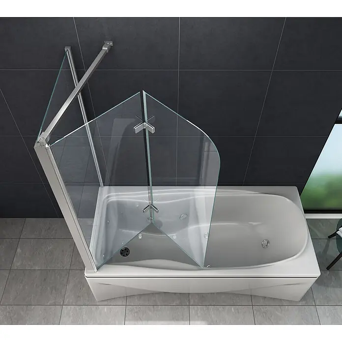Glasdeals Badewannenaufsatz Badewannenaufsatz AROUND 75 + 120 x 140 cm 6 mm ESG Klarglas faltbar - B x H: 120 x 140 cm, 2 Stk., Chrom - Klare Glas-Faltbadewannenabtrennung mit Chromakzenten, auf einer weißen Badewanne montiert.