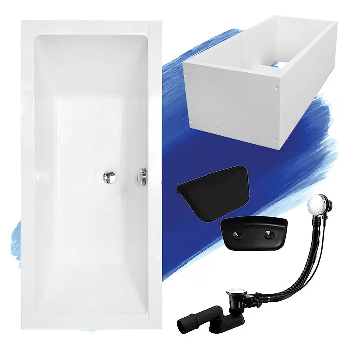 Bad Land Badewanne - 180 x 80 cm, Sanitäracryl, Weiß - Weiße Badewanne, Verkleidung, schwarze Kopfstützen und verchromtes Ablaufset.