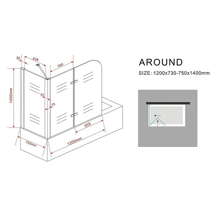 Glasdeals Badewannenaufsatz Badewannenaufsatz AROUND 75 + 120 x 140 cm 6 mm ESG Klarglas faltbar - B x H: 120 x 140 cm, 2 Stk., Chrom - Faltbare Duschabtrennung aus Glas mit Chromrahmen für Badewanne, Maße und Aufsicht der Eckmontage dargestellt.