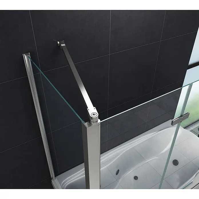 Glasdeals Badewannenaufsatz Badewannenaufsatz AROUND 75 + 120 x 140 cm 6 mm ESG Klarglas faltbar - B x H: 120 x 140 cm, 2 Stk., Chrom - Glas-Badewannenfaltwand mit polierten Metallscharnieren und Wandprofilen, über einer weißen Badewanne vor dunklen Fliesen.