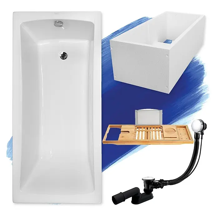 Bad Land Badewanne - 150 x 70 cm, Sanitäracryl, Weiß - Weiße rechteckige Badewanne mit Bambus-Badebrücke, Isolierkasten und Abflusssystem.