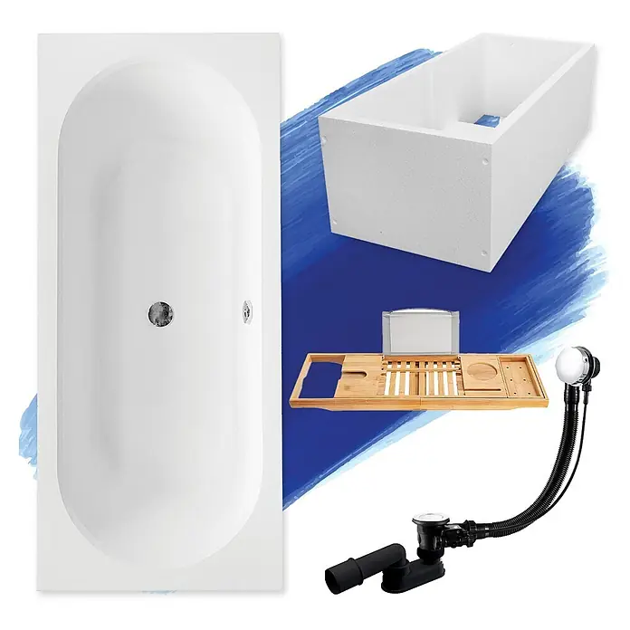 Bad Land Badewanne - 150 x 75 cm, Sanitäracryl, Weiß - Ein zusammengestelltes Set aus einer weißen Badewanne, einem Wannenträger aus Schaumstoff, einem Badewannenbrett aus Holz und einem Ablaufgarnitur-Set.