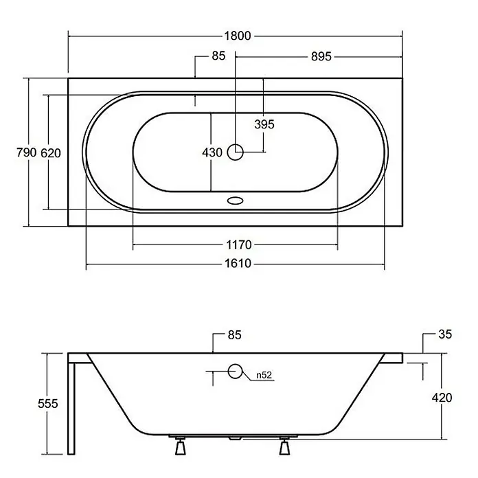 Bad Land Badewanne - 180 x 80 cm, Sanitäracryl, Weiß - Technische Zeichnung einer weißen ovalen Badewanne mit Draufsicht- und Seitenansichtsmaßen.