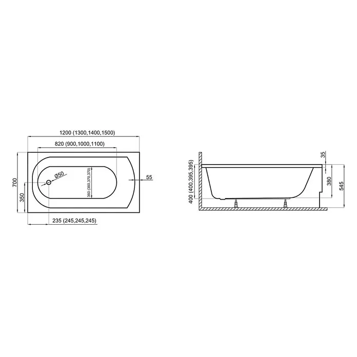 Bad Land Badewanne CLASSIC Acryl-Eckwanne 120 x 70 cm Weiß - Sanitäracryl, Weiß - Technische Zeichnung einer rechteckigen Badewanne mit Draufsicht und Seitenansicht, zeigt Maße und Größenoptionen.