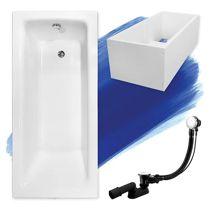 Bad Land Badewanne - 130 x 70 cm, Sanitäracryl, Weiß - Weißes Badewannenset: Wanne, weißer Schaumstoff-Stützblock und schwarzes/verchromtes Ablauf-/Überlaufset.