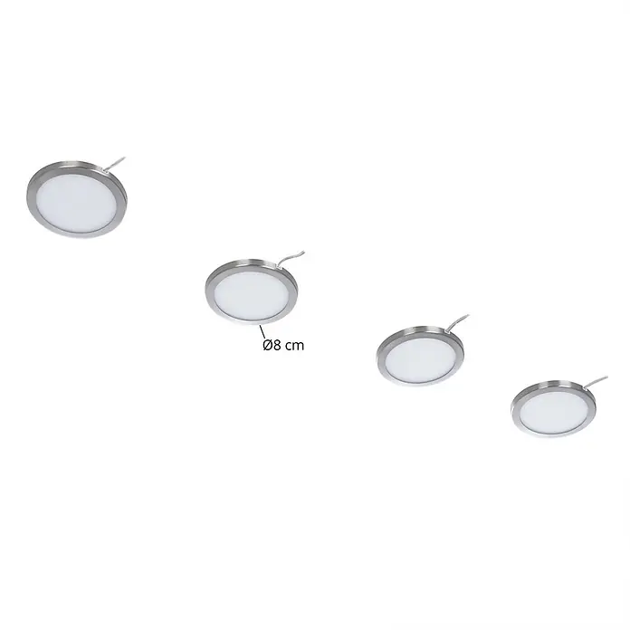 Prios LED-Unterbauleuchte Jopos - L x B x H: 8 x 8 x 0,7 cm - Vier runde LED-Einbaustrahler aus gebürstetem Metall, Ø8 cm, mit Kabeln.