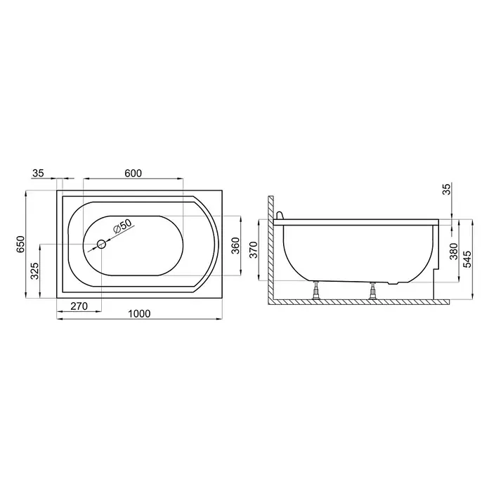 Bad Land Badewanne MINI Acryl-Eckwanne 100 x 65 cm Weiß - 100 x 65 cm, Sanitäracryl, Weiß - Technische Zeichnung einer rechteckigen Badewanne mit Draufsicht und Seitenansicht, Maßen und Ø50 Abfluss.