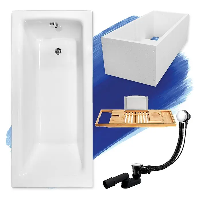 Bad Land Badewanne TALIA Acryl-Eckwanne 170 x 75 cm Weiß, inkl. Wannenträger und Bambusablage - Sanitäracryl, Weiß - Weiße Badewanne, weiße Isolierbox, Bambus-Badeablage und Badewannenablaufgarnitur als Komplettset.
