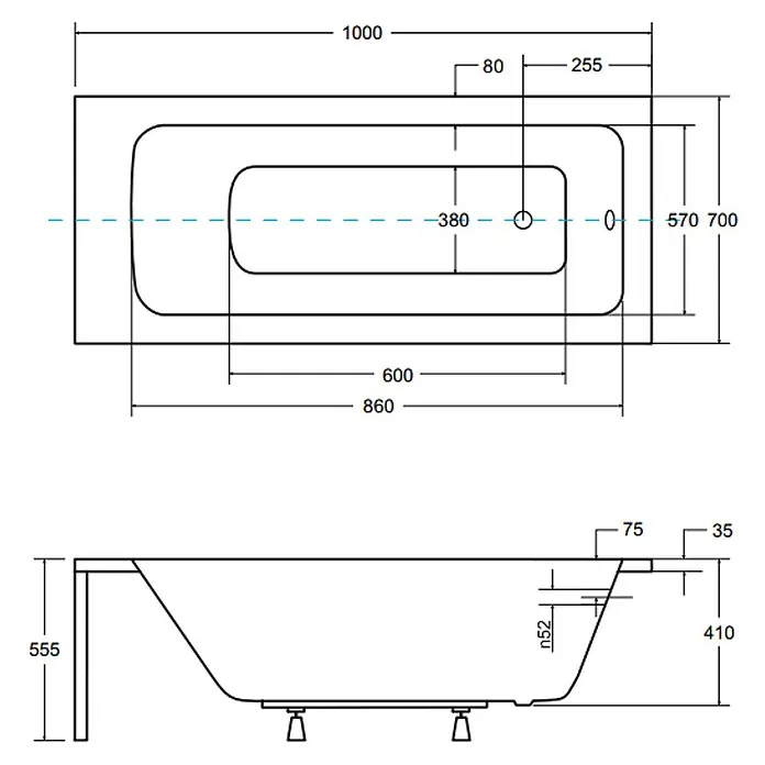 Bad Land Badewanne - 100 x 70 cm, Sanitäracryl, Weiß - Technische Zeichnung einer rechteckigen Badewanne mit detaillierten Maßen in Aufsicht und Seitenansicht.