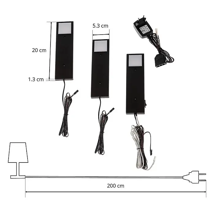 Lindby LED-Unterbauleuchte Amaryll -  - Drei schwarze rechteckige LED-Leuchten mit Netzteil und 200 cm Kabel. Leuchten sind 20 cm lang und 5,3 cm breit.