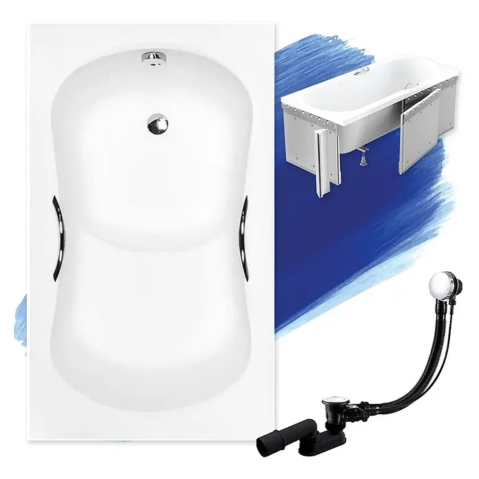 Bad Land Badewanne - 120 x 70 cm, Sanitäracryl, Weiß - Weiße Badewanne mit integriertem Abfluss und Überlauf, gezeigt mit flexiblem Abfallset und Installationspaneelen.