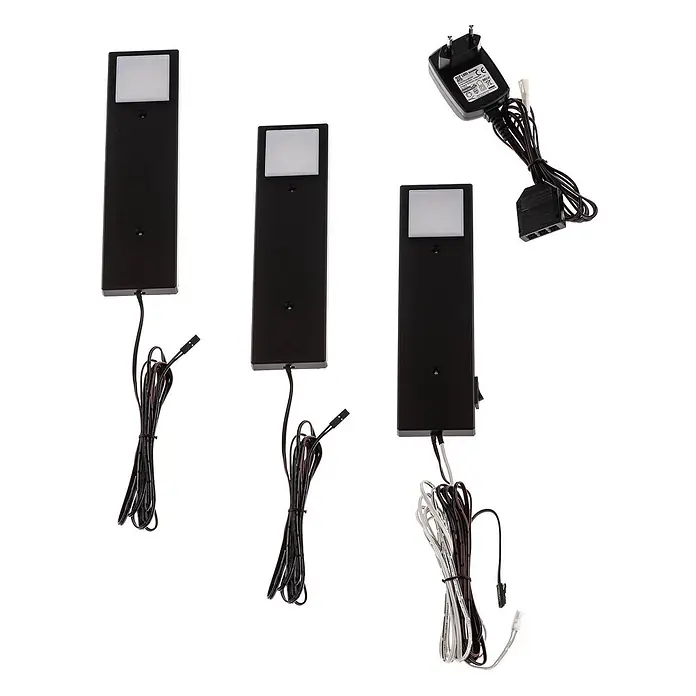 Lindby LED-Unterbauleuchte Amaryll -  - Set aus drei schwarzen rechteckigen LED-Unterbauleuchten mit Netzteil und Verkabelung.