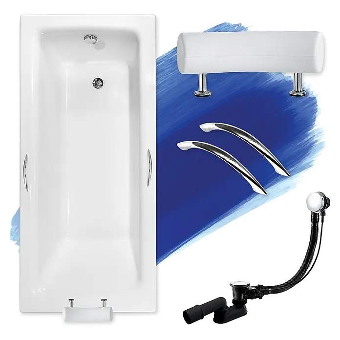 Bad Land Badewanne TALIA PREMIUM Acryl-Eckwanne 170 x 75 cm Weiß - 170 x 75 cm, Sanitäracryl, Weiß - Weiße rechteckige Badewanne mit weißer Kopfstütze, Chromgriffen und schwarzem/verchromtem Abfluss-/Überlaufsystem.
