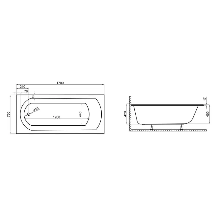 Bad Land Badewanne CLASSIC SLIM Acryl-Eckwanne 170 x 75 cm Weiß - 170 x 75 cm, Sanitäracryl, Weiß - Technische Zeichnung einer rechteckigen Badewanne, mit Draufsicht und Seitenansicht inklusive Maßen.