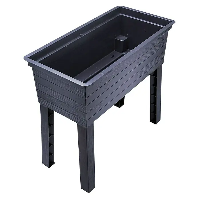 Garantia Urban Hochbeet - 75 x 37 x 65 cm, Kunststoff, Anthrazit - Ein erhöhter, rechteckiger Pflanzkasten in dunkler Holzoptik mit stabilen Beinen, ideal für Garten und Terrasse.