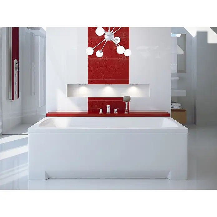 Bad Land Badewanne OPTIMA PREMIUM Acrylwanne 170 x 70 cm Weiß m. Acrylschürze - 170 x 70 cm, Sanitäracryl, Weiß - Moderne weiße Rechteckbadewanne mit Armaturen und Handbrause, in einem Bad mit roten strukturierten Wandpaneelen.