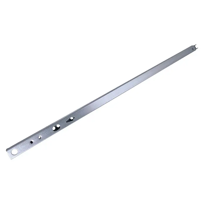 M.Pascual Guía para cajones - Longitud de instalación: 430 mm, Capacidad de carga: 10 kg, Extracción parcial, Montaje lateral - Riel de montaje largo de metal plateado con múltiples orificios y ranuras en un extremo.