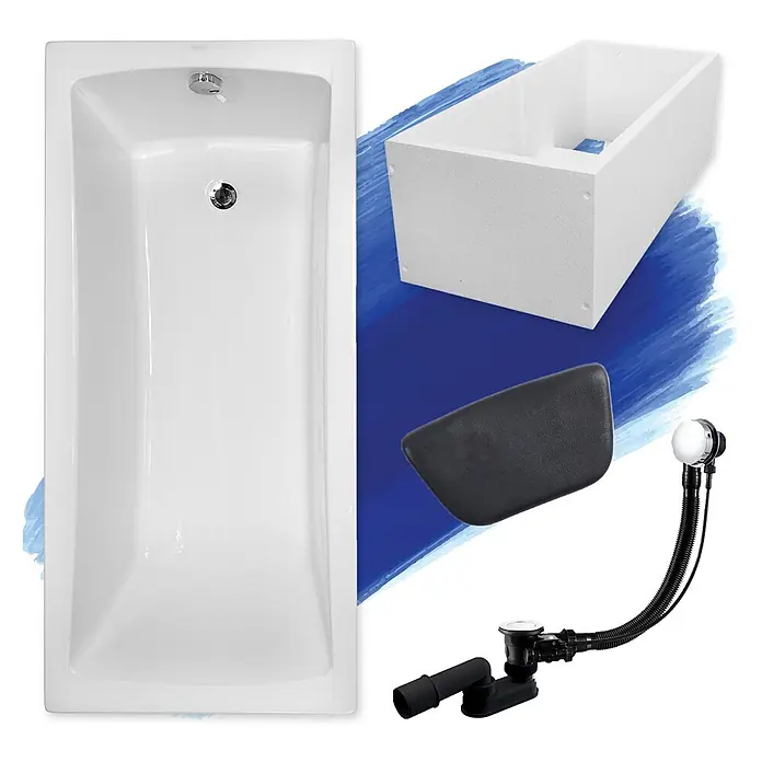 Bad Land Badewanne - 150 x 70 cm, Sanitäracryl, Weiß - Weißes rechteckiges Badewannen-Set mit Schaumstoffhalterung, schwarzer Kopfstütze und flexiblem Chrom-Schwarz-Ablauf.