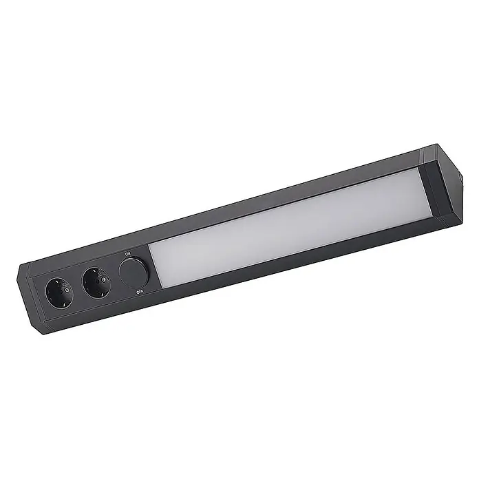 Arcchio LED-Unterbauleuchte Ovano -  - Dunkelgraue lineare LED-Lichtleiste mit zwei integrierten Steckdosen und Ein-/Ausschalter.