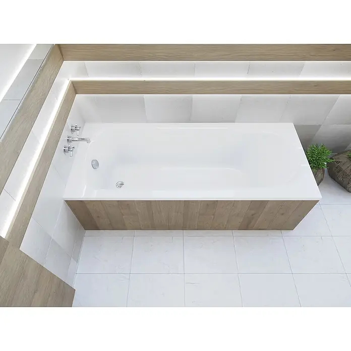 Bad Land Badewanne MEDIUM Acryl-Eckwanne 160 x 75 cm Weiß, inkl. Wannenträger - Sanitäracryl, Weiß - Weiße rechteckige Einbaubadewanne mit Chromarmaturen in einem modernen Bad mit Holzverkleidung und weißen Fliesen.