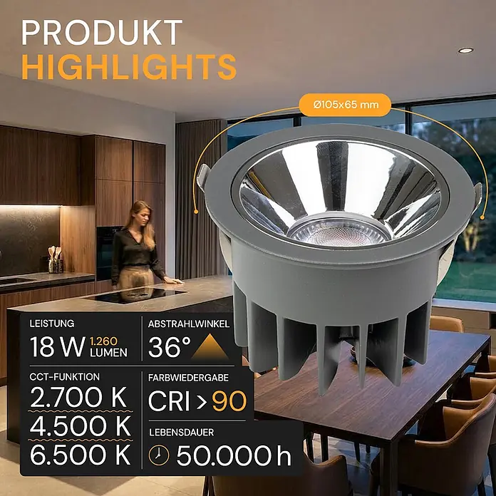 Luxula LED-Gartenstrahler - 18 W, 1.260 lm, IP65 - Grauer LED-Einbaustrahler mit Reflektor, für moderne Wohnraumbeleuchtung.