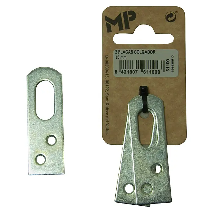 M.Pascual Placa de montaje - Largo: 60 mm, Zincado, 2 ud. - Dos placas colgadoras de 60 mm de acero galvanizado, cada una con ranura alargada y dos orificios de montaje.