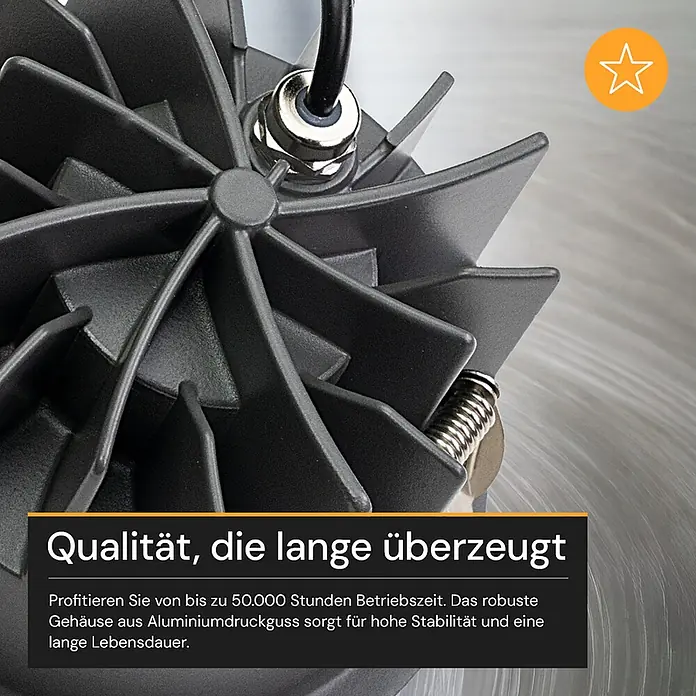 Luxula LED-Gartenstrahler - 18 W, 1.260 lm, IP65 - Dunkelgraues Metallteil mit strahlenförmigen Kühlrippen, Kabelanschluss und Feder, wahrscheinlich ein Kühlkörper oder robustes Gehäuse.