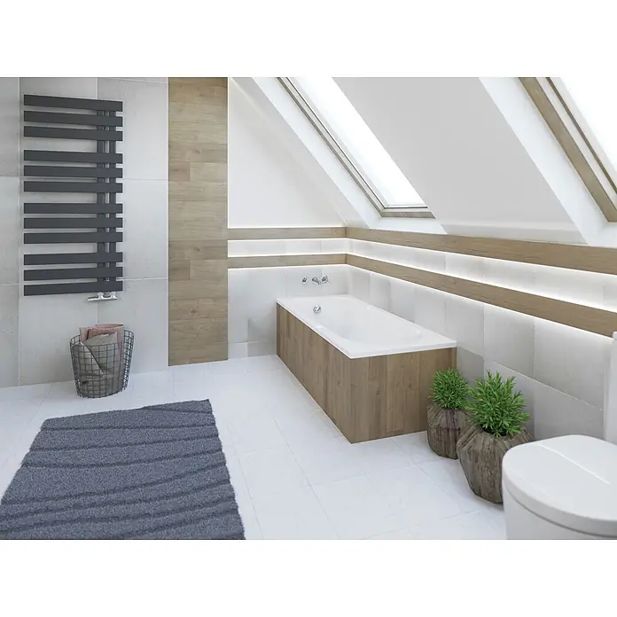 Bad Land Badewanne MEDIUM Acryl-Eckwanne 160 x 75 cm Weiß, inkl. Wannenträger - Sanitäracryl, Weiß - Modernes Dachgeschossbad mit weißer Badewanne, Holzverkleidung und dunkelgrauem Handtuchheizkörper an gefliesten Wänden.