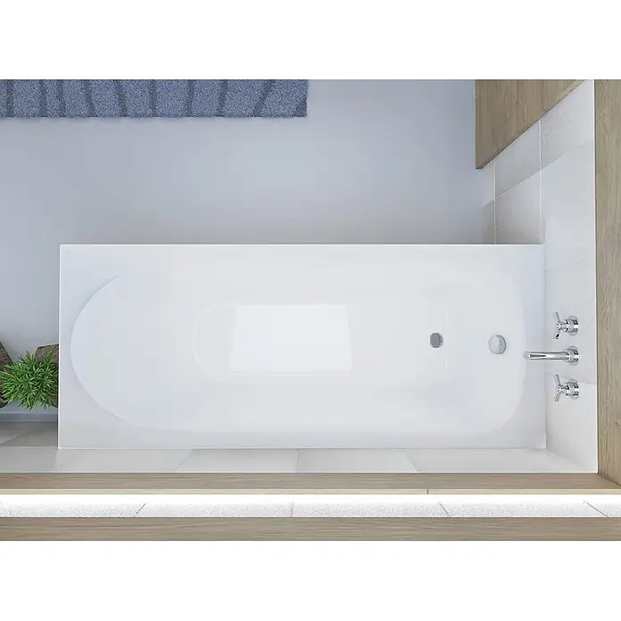 Bad Land Badewanne MEDIUM Acryl-Eckwanne 160 x 75 cm Weiß, inkl. Wannenträger - Sanitäracryl, Weiß - Weiße Badewanne mit Chromarmaturen, von oben in einem modernen Badezimmer.