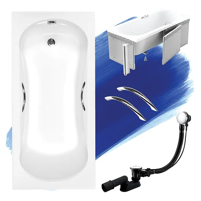 Bad Land Badewanne - 130 x 70 cm, Sanitäracryl, Weiß - Weiße Acryl-Badewanne mit Chrom-Haltegriffen, Explosionszeichnung und schwarzem Badablaufset.