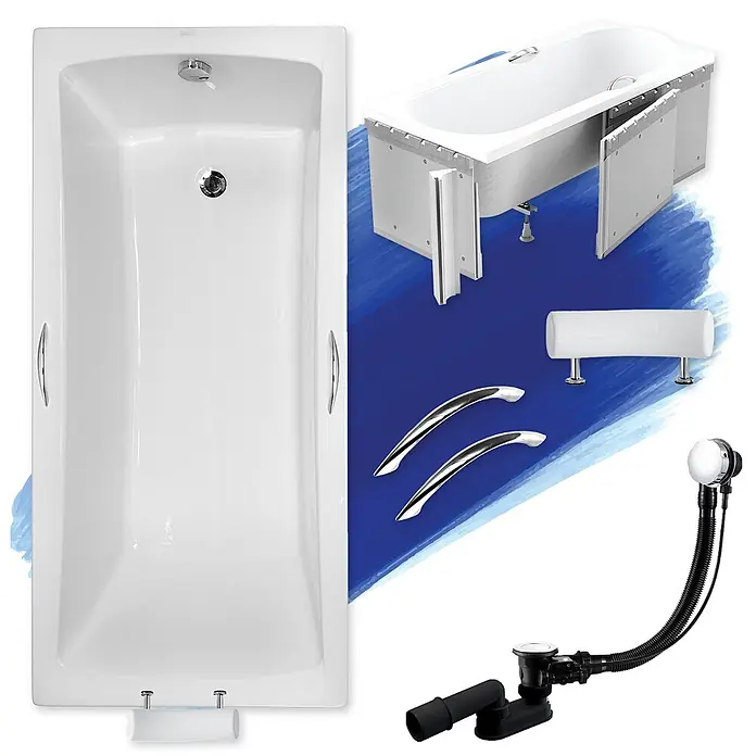 Bad Land Badewanne - 160 x 70 cm, Sanitäracryl, Weiß - Weiße Badewanne mit Chrom-Haltegriffen, Kopfstütze, Seitenverkleidung und Ab- Überlaufsystem.