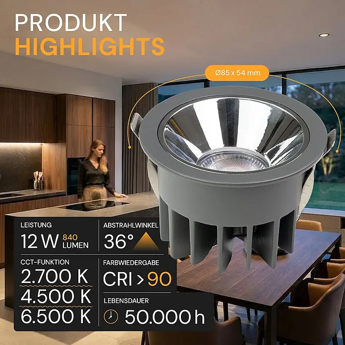 Luxula LED-Gartenstrahler - 12 W, 840 lm, IP65 - Dunkelgrauer LED-Einbaustrahler mit reflektierendem Kegel, technische Spezifikationen wie Leistung, Lumen und Farbtemperaturen werden angezeigt.