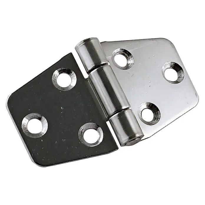 M.Pascual Bisagra de piano - L x An: 70 x 40 mm, Acero inoxidable - Bisagra de metal brillante con seis orificios para tornillos, mostrada parcialmente abierta.