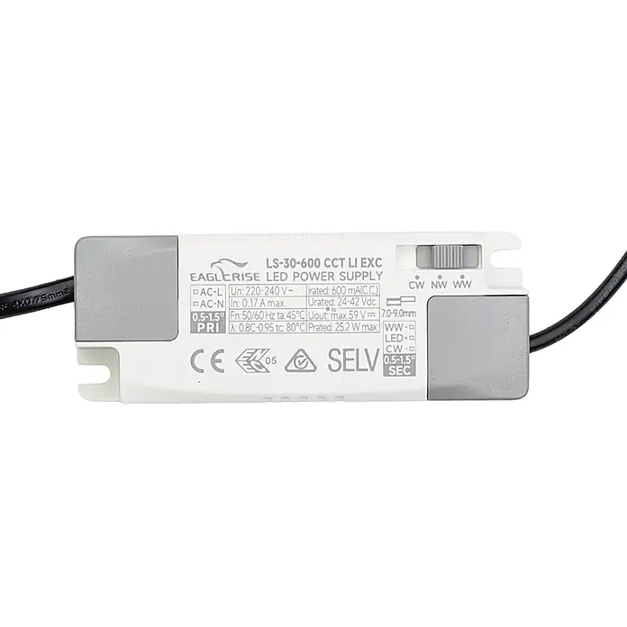 Luxula LED-Gartenstrahler - 24 W, 1.750 lm, IP65 - Weiß-graues EAGLERISE LS-30-600 LED-Netzteil mit technischen Daten und CCT-Wahlschalter.