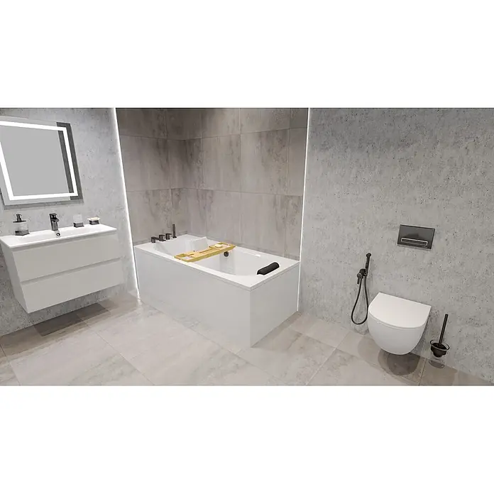 Bad Land Badewanne VITAE Acryl-Eckwanne 180 x 80 cm Weiß, inkl. Kopfstütze und Bambusablage - Sanitäracryl, Weiß - Modernes, minimalistisches Bad mit weißem Waschtisch, Badewanne mit Holzablage und wandhängendem WC mit Bidet, vor grauen Betonfliesen.