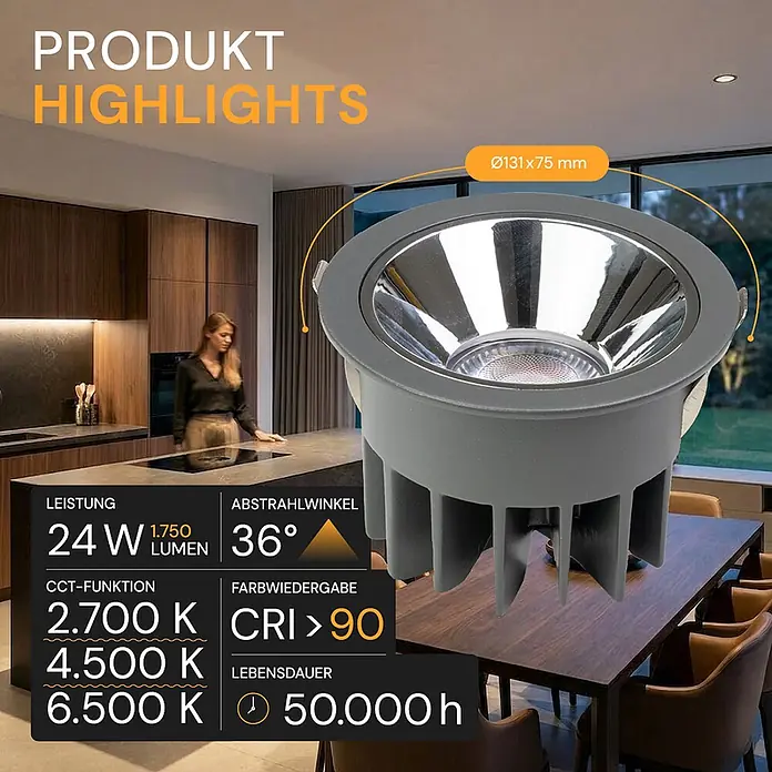 Luxula LED-Gartenstrahler - 24 W, 1.750 lm, IP65 - Grauer, metallischer LED-Einbaustrahler mit Kühlkörper und technischen Daten, in moderner Küche.