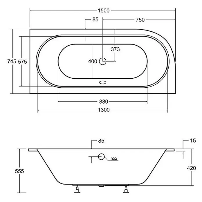 Bad Land Eckbadewanne AVITA SLIM Acryl-Eckwanne 150 x 75 cm rechts Weiß - L x B: 150 x 75 cm, Sanitäracryl, Weiß - Technische Zeichnung einer Badewanne mit Maßen.