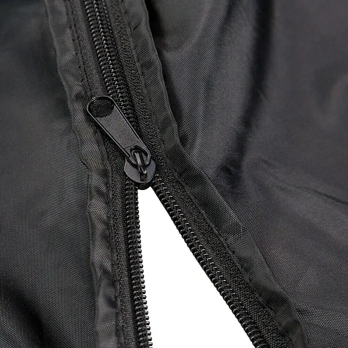 Fahrradgarage - L x B: 205 x 115 mm, Geeignet für: Fahrräder - Detailaufnahme eines schwarzen Reißverschlusses auf einem Stoff, der sich leicht öffnet und die darunter liegende weiße Fläche freigibt.