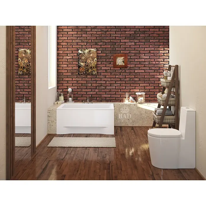 Bad Land Badewanne CAPRI Acryl-Eckwanne 100 x 70 cm Weiß - Sanitäracryl, Weiß - Eine moderne weiße Badewanne in einem Badezimmer mit Ziegelwand und Holzfußboden.