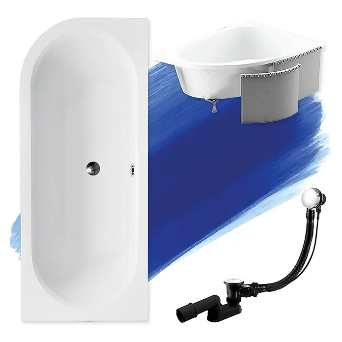 Bad Land Eckbadewanne AVITA SLIM Acrylwanne 180 x 80 cm rechts Weiß m. Styroporverkl., Ablage - L x B: 180 x 80 cm, Sanitäracryl, Weiß - Zwei weiße Badewannen (rechteckig und Eckwanne) mit einem Chrom-Schwarz-Ablauf- und Überlaufset.
