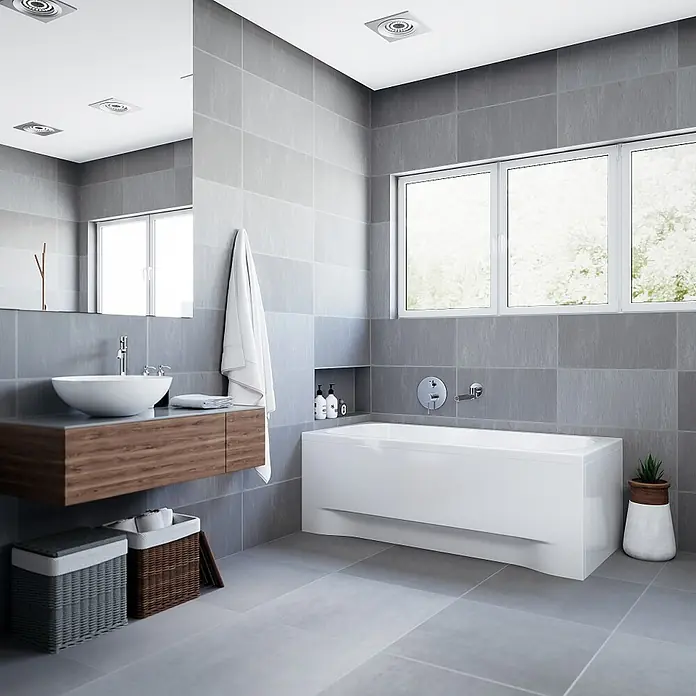Bad Land Badewanne CLASSIC Acryl-Eckwanne 120 x 70 cm Weiß - Sanitäracryl, Weiß - Moderne weiße Badewanne, in ein zeitgemäßes Bad mit grauen Fliesen integriert.