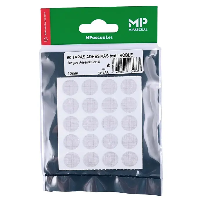 M.Pascual Tapón embellecedor - Textil, Diámetro: 13 mm, 60 ud. - 60 tapas adhesivas textiles de 13mm, acabado roble, en envase transparente de M. Pascual.
