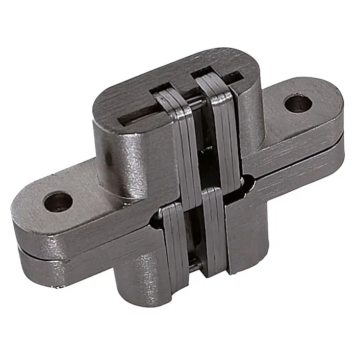 M.Pascual Bisagra para embutir - L x An: 96 x 50 mm, Niquelado - Bisagra oculta de metal gris con múltiples brazos para instalaciones a ras.