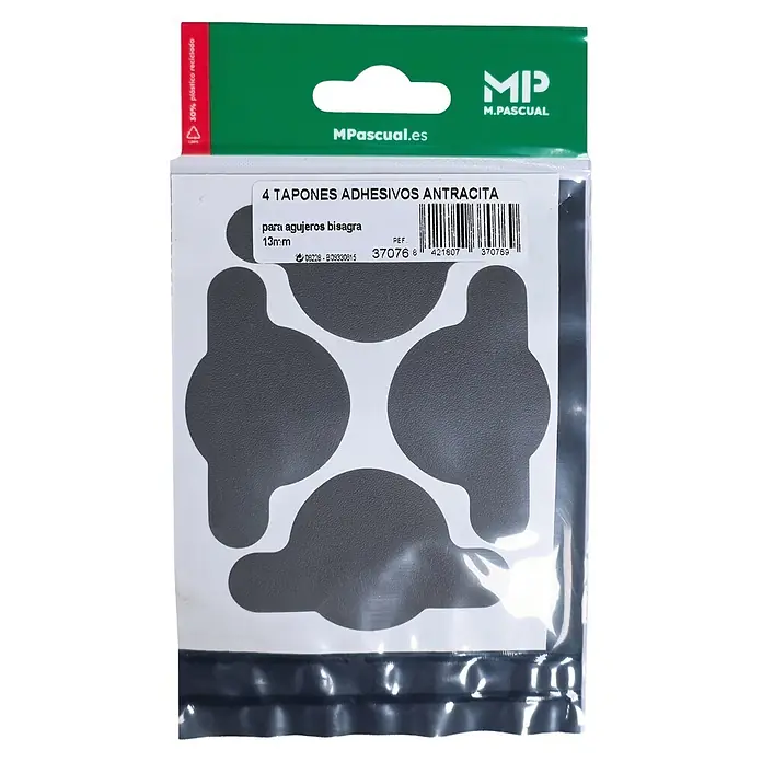 M.Pascual Tapón embellecedor - Antracita, 4 ud., Pegado - Cuatro tapones adhesivos antracita de 13mm para agujeros de bisagra, empaquetados en plástico transparente.