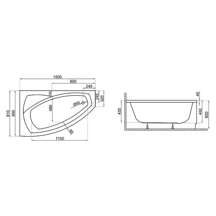 Bad Land Eckbadewanne FRIDA Acryl-Eckwanne 150 x 90 cm links Weiß - Sanitäracryl, Weiß - Technische Zeichnung einer asymmetrischen Badewanne mit detaillierten Maßen in Draufsicht und Seitenansicht.